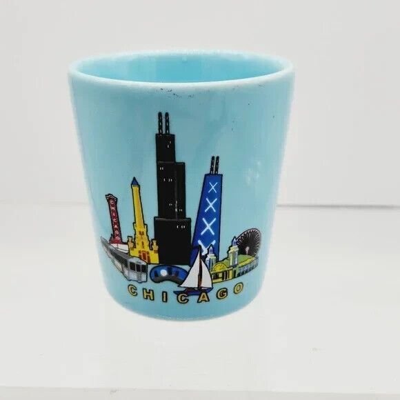 Chicago Cityscape Skyline Blue Ceramic Shot Glass Souvenir Postcard Factory - Picture 2 of 8